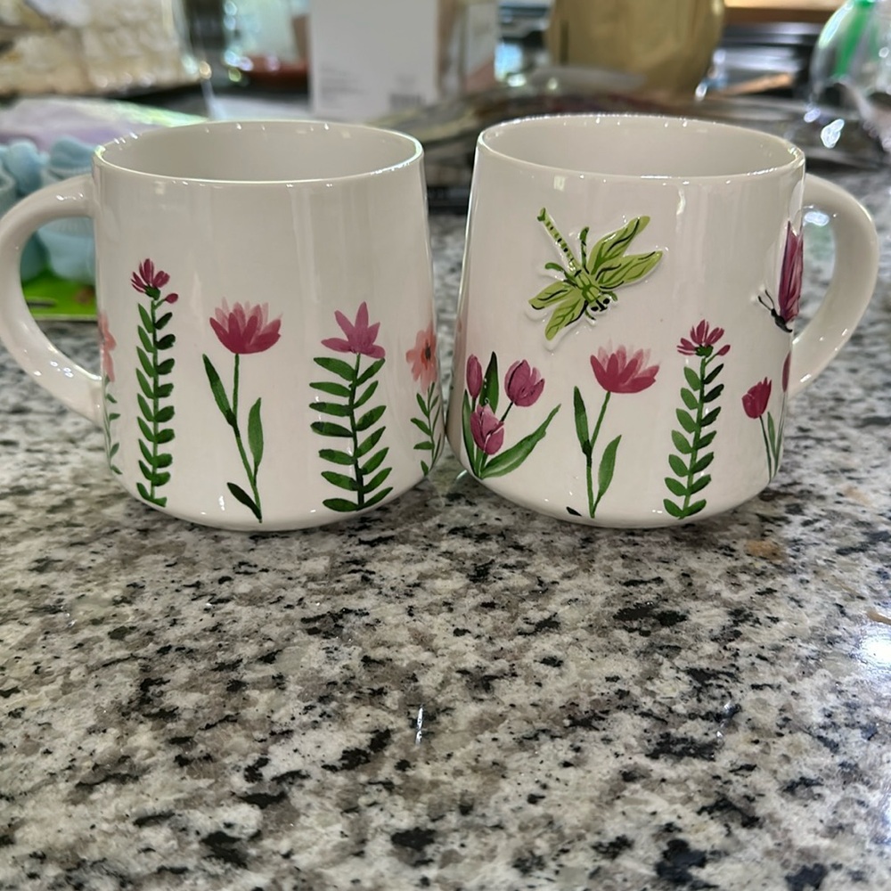 NWT ceramic mug set of 2. 16.9 fl. Oz. Floral with butterflies and dragonflies